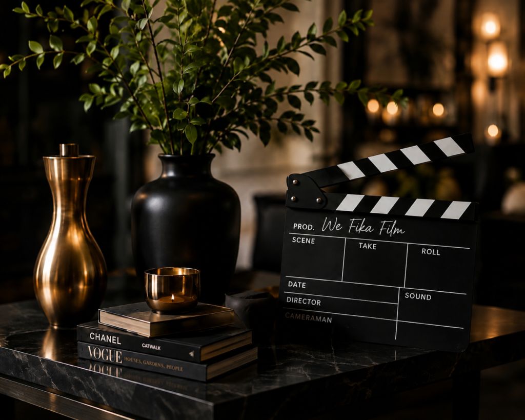 Film and set design styling with clapperboard and brass accents