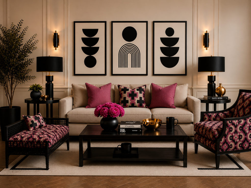 One room transformation with patterned upholstery and framed wall art