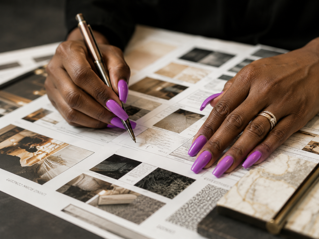 Designer reviewing material and finish samples during a design consultation