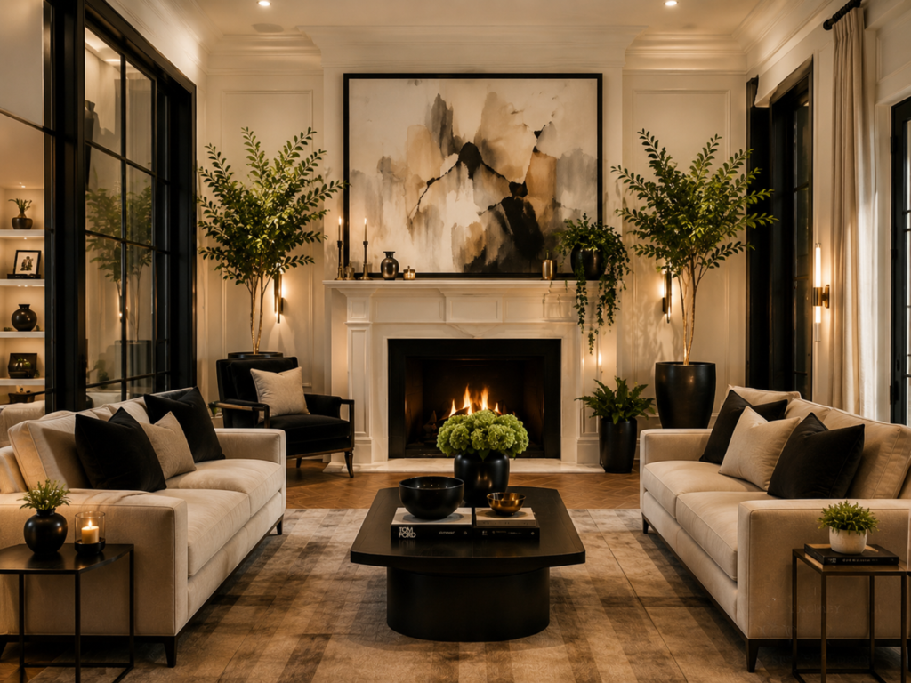Luxury living room with fireplace and curated furnishings by Enthusiast Décor