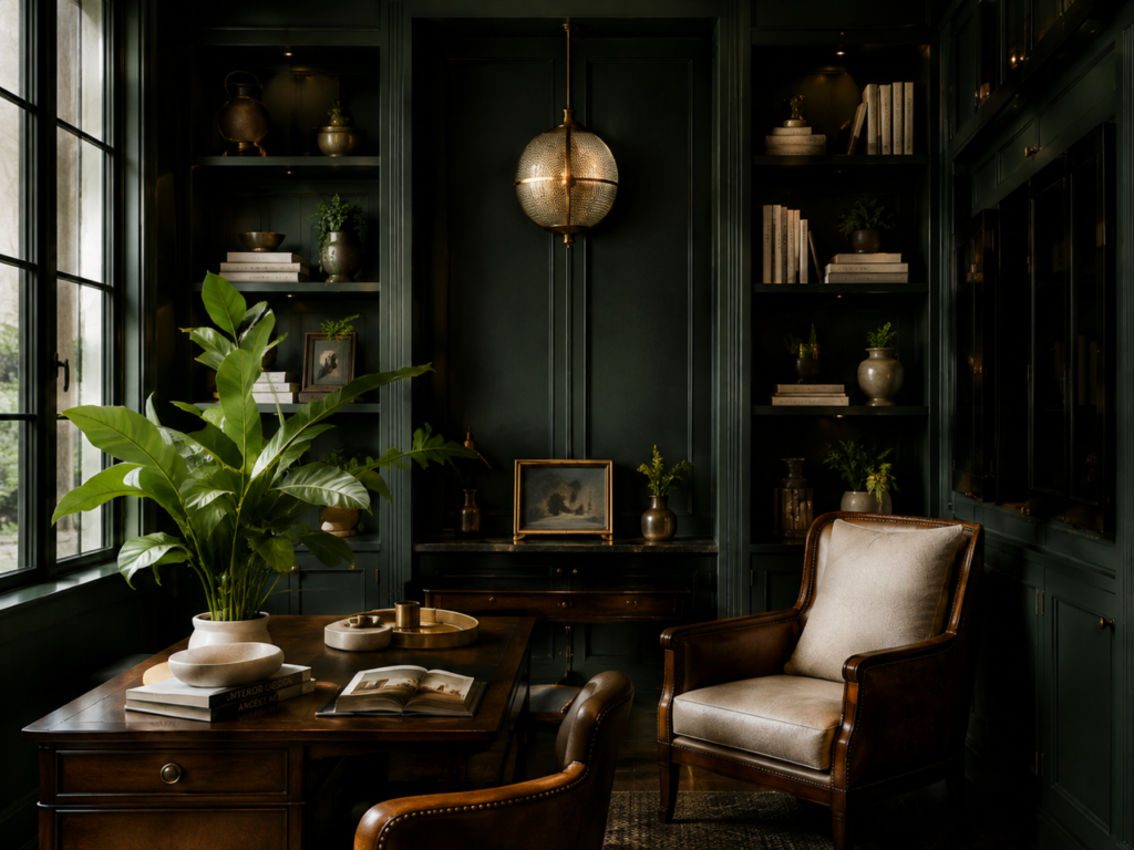 Deep green study with built-in shelving and layered lighting